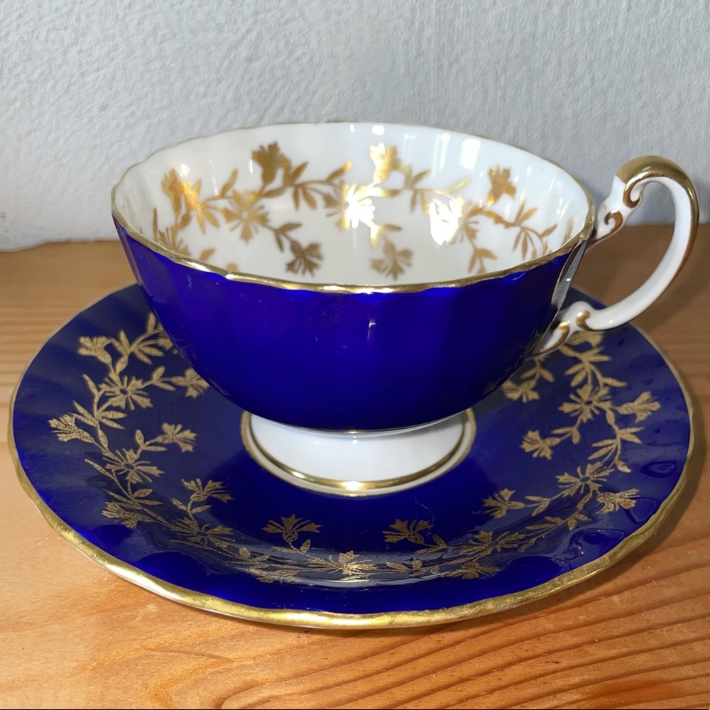 Aynsley England Bone China Teacup and Saucer Cobalt Blue and Gold